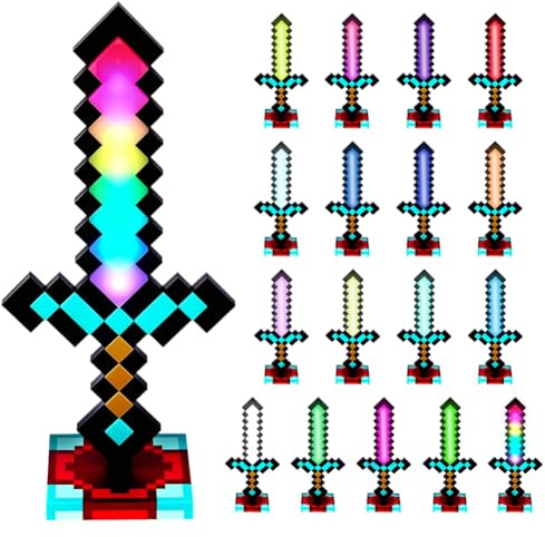 17 Farben Diamantschwert Licht Craft 40cm, 2 in 1 mit Abnehmbarer Basis | Miner Game Diamant Spitzhacke, Nachtlampe Wiederaufladbare, 2 in 1 Nachttischlampe für Geschenke, Cosplay, Party-Dekoration