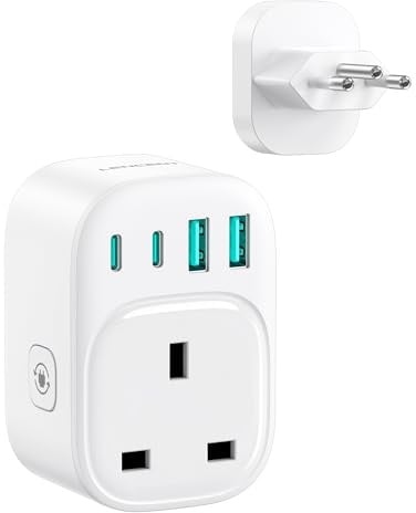 LENCENT 5-in-1 Travel Plug Adapter Brazil, Type N Adapter for Brazil Socket | UK to Brazil Plug Adapter with 2 USB-C & 2 USB-A Ports, 2500W Max