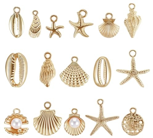 Shimmeroo 16 Stück Ozean DIY Charms Anhänger Set | Gold Armbänd Anhänger Seesternen Muscheln Meeresschnecke Bedazzler Kit für Halsketten, Armbänder, Ohrringe und Bastelarbeiten