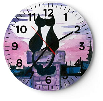 ARTTOR Moderne Glasuhr 40x40cm Rund Wanduhr Kinder Tiere - 2970 | Katzen Dach Liebe Glas Analog Wanduhr Lautlos Wanddekoration Wohnzimmer Büro Küche Wanddeko Küchenuhr Geräuschlos ARTTOR