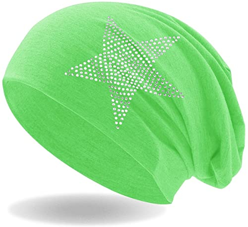 Hatstar Strass Stern Damen Beanie Mütze | elastisches Slouch Long Beanie | Mädchen Mütze | mit edler Strass Applikation | leicht und weich (neon grün)