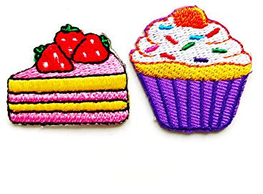 TH Aufnäher / Bügelbild, bestickt, Motiv Cupcake und Erdbeere, 2 Stück