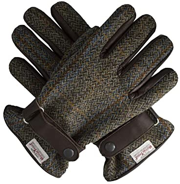 Walker & Hawkes - Herren Handschuhe - aus schottischem Harris-Tweed & Leder - Overcheck-Tartanmuster - Clinton-Braun - S