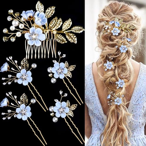 5 Stück Haarschmuck Hochzeit,Blume Braut Haarschmuck,Kommunion Mädchen Hochzeit Perle Blume Diadem Brautschmuck Haarkamm Haarspange Kopfschmuck Haarschmuck Für Bräute und Brautjungfern (Blau)