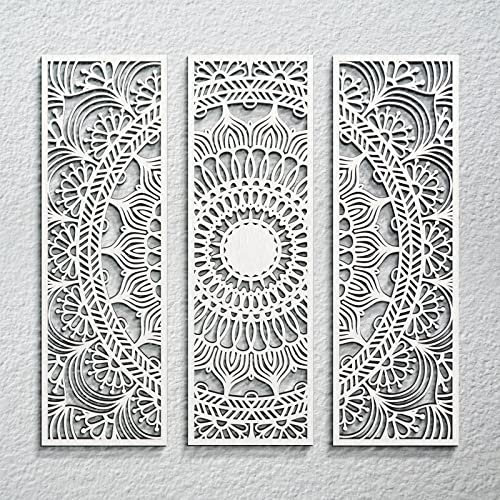 Blulu Mandala Wall Art: 3-Piece Aesthetic Wood Plaque Set - Floral Elegant Modern Carving, 15.75 x 5.12 x 0.20 in