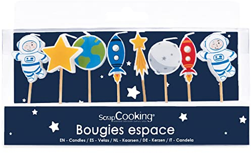 ScrapCooking - 8er-Set Kerzen Weltraum - Dekoration aus Holz und Paraffin für Kuchen - Weltraumkerzen Tortendeko Kuchendeko - Geburtstagskerzen - Raumschiff Astronaut Stern - 5060