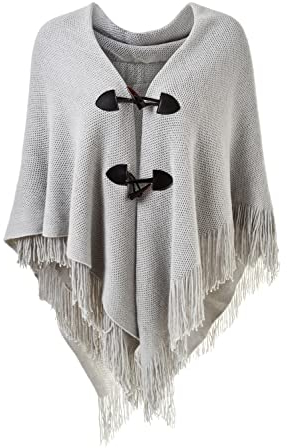 Ferand Poncho Châle Femme Elégant Chaud Ouvert Devant avec Bouton à Franges pour l' Automne Hiver - Taille Unique - Gris