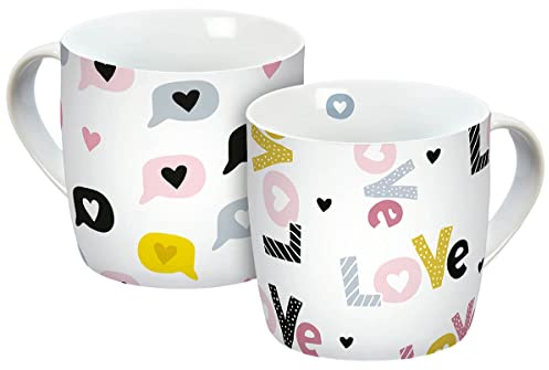 Tassen Set 2 teilig, Love Pattern, Porzellan, 250ml, Tasse, Kaffeetasse, Porzellantasse, 2er Set, Geschenk, Freunde, Liebe