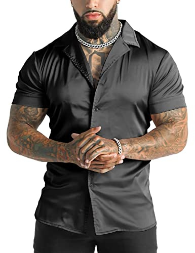 URRU Men's Luxury Shiny Silk Like Satin Dress Shirt Cuban Collar Short Sleeve Casual Slim Fit Muscle Button Up Shirts