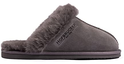 Hofbrucker warmer Lammfell Hausschuh für Frauen mit fester Sohle Obermaterial 100% Lammfell, grau, Größe 36