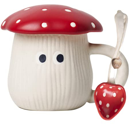 Arawat Pilz Tasse mit Deckel Lustige Kaffeetasse Pilz Mug Geschenk 400 ml Keramik Teetasse mit Löffel Cute Rot Tee Kaffee Becher Tassen Geburtstagsgeschenk für Freundin Frauen Mädchen
