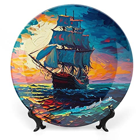 Gokays Decorative Plates for Wall Hanging, Sailing Ship Blue Sea at Night Painting Ceramic Plate, Wobble-Plate with Display Stand, Home Decor for Kitchen Cabinets, Farmhouse Round Tray 18 CM