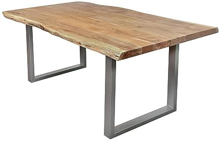 SAM Esstisch 240 x 100 cm Cali, Baumkantentisch naturfarben, Akazienholz massiv, U-Gestell aus Metall Silber, aufgedoppelte Kanten 25+25 mm