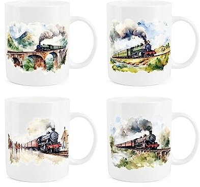 Purely Home Steam Train Mugs - Set of 4 British Steam Trains Gift/Present - Tea Coffee White Bone China Mugs