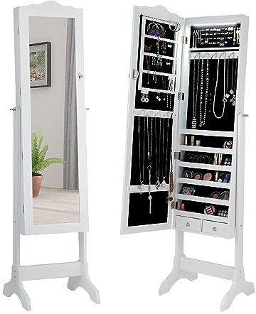 HOMASIS Armoire à bijoux avec miroir, étagère à bijoux verrouillable et 14 LED automatiques, armoire à bijoux sur pied avec support, 4 angles d'inclinaison réglables (blanc)