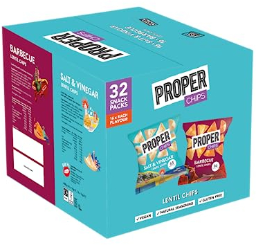 PROPER - Multipack Box, Barbecue and Salt & Vinegar Lentil Chips, Vegan, Gluten Free Snacks, 14g, 32 Packs, (16 bags of each flavour)