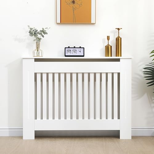 Vivo Technologies Radiator Cover White Modern Horizontal Slats, Medium Radiator Cover Grill Shelf Cabinet MDF Wood Decorative Heater Cover,White, W 112 x H 82 x D 19 cm