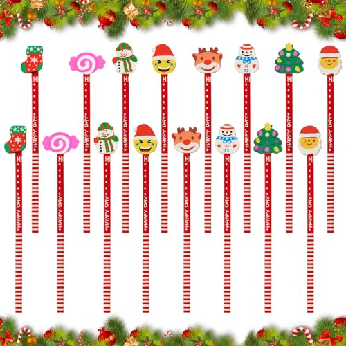 KIKVTER Weihnachten HB Bleistift, 24 Stück Weihnachtsstifte, Schule HB Stifte Set, Holz Bleistifte, Bleistift mit Radiergummi, Weihnachten Bleistifte für Party Gastgeschenk