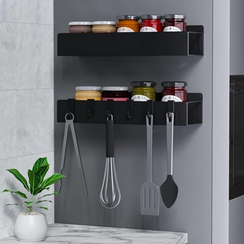 Kühlschrank Regal magnetisch 2 Stück, Gewürzregal Magnetisch Regal, Gewürzständer ohne Bohren, Mit 6 Haken Geeignet für Kühlschränke, Waschmaschinen, und Büro Haftet auf Metalloberflächen - Schwarz