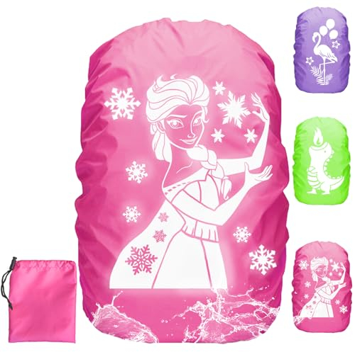 LUKIUP Regenschutz für Rucksack Schulranzen 30-40L, Regenschutz Schulranzen Eiskönigin, Rosa Reflektor Schulranzen Regenhülle für Kinder auf dem Schulweg Wandern, Camping, Radfahren