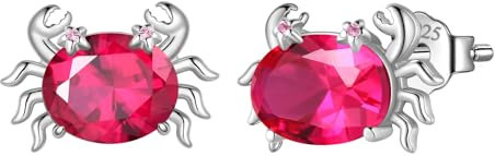 Crab Stud Earrings - Woman 925 Sterling Silver Cancer Birthstone Red Crystal Sea Creature Animal Eardrop Jewelry Birthday Gift for Wife Daughter Mother DE283R
