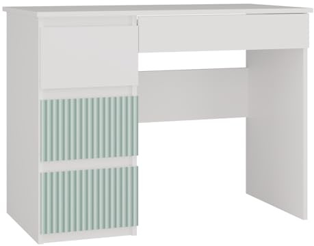 CDF Schreibtisch Mijas Links | Farbe: Weiß/Mintgrün | 4 Schubladen | Ideal für Büro, Arbeitszimmer, Kinder- und Jugendzimmer | Funktionaler Schreibtisch für Computer, Laptop | Einfache Montage