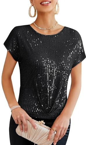 GRACE KARIN Women's Crew Neck Sequins Tops Cap Sleeves Sparkle Vest Elegant Twist Front Shimmer Glitter Top Party Club Blouses