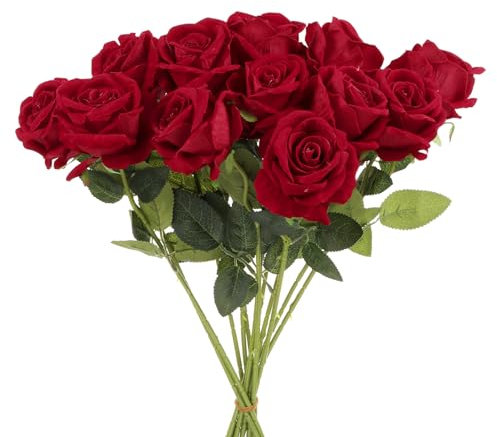sourcing map 12 Pcs Wine Red Roses Artificial Flowers, Velvet Rose Real Touch Fake Roses with Stems for Home Decor Wedding Bouquet Hotel Office Decor