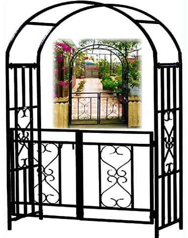 KKMNDE Eleganter Gartenbogen mit Tor, Gartenlaube, Spalier, Laube, Torbogen für Kletterpflanzen, Rosen, Weinreben, Stützgestell, Garten, Rasen, Hinterhof, Terrasse, 1,