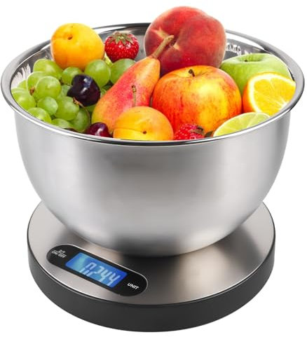 Küchenwaage Digital mit 2L Schüssel, 5KG/1G Küchenwaage mit LCD Display, 180 * 180 * 28mm Digitale Küchenwaage mit 4 Arten der Einheitenumrechnung KG/G/ML/OZ, Waage Küchenwaage mit Touchbutton