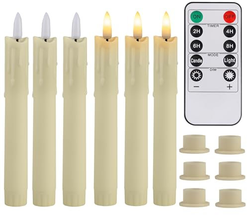NAKIHOUSE Battery Operated LED Candles with Timer, Pack of 6 Warm White Flameless Flickering Taper Candles with 3D Wick for Halloween, Christmas, Wedding (Ivory, D0.7 X H6.6 Inch)