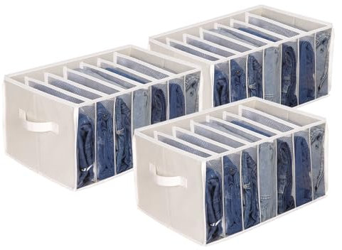 Syeeiex Große Hosen Kleiderschrank Organizer, 42 x 30 x 25 cm, 7 Fächer Transparentes Fenster Schubladen ordnungssystem Kleiderschrank Aufbewahrungsboxen für Jeans, T-Shirts, Hosen, Kleidungen, Beige