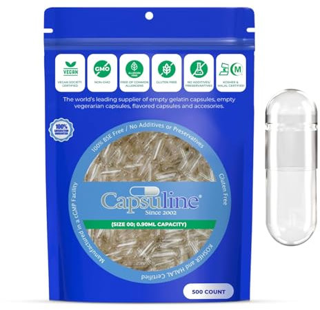 Capsuline Clear Size 00 Vegan Capsules (500 Count), Empty with Unique Lock Technology, Non-GMO, Kosher Certified, Gluten-Free