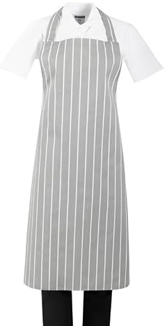 nisbets limited Whites Bib Apron Grey/White Butchers Stripe - 28-38 | Commercial-grade kitchen apparel offering essential spill protection for busy hospitality environments.