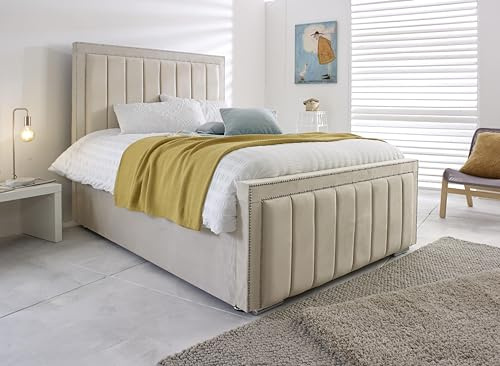 5FT King Ottoman Storage Divan Base Bed Frame Upholstered In Plush Velvet With Headboard End Lift Cream Bed - No Mattress (Cream Plush, 5FT King Gas Lift)