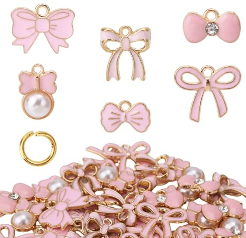 Mikovivi 60pz Ciondoli Rosa a Fiocco per Creazione Gioielli, 6 Stili Ciondoli Papillon in Smalto con Anelli Aperti Ciondolo Fiocchetto Carino per Orecchini Collane Bracciali Fai da Te Accessori Donna