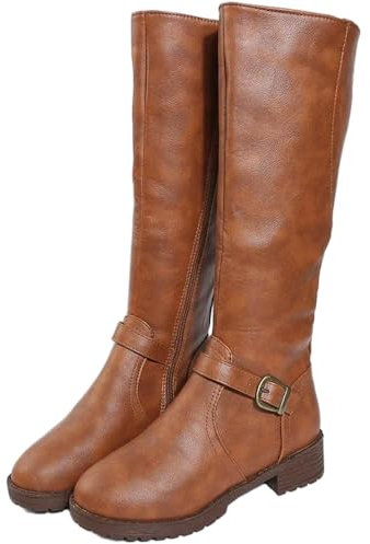 SYJYM Vintage Marrone Donna Stivali alti al ginocchio Big Size Tacco Basso Piattaforma Stivali Lunghi Autunno Inverno Cuoio Zip Caldo Stivaletti, Giallo, 40 2/3 EU