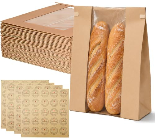 EffiQ-Rate 100Pcs Paper Bread Bags 35x9x21cm with Window, Tin Tie & Sticker