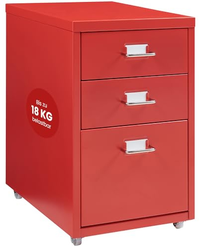 [en.casa] Rollcontainer Kökar Schubladenschrank Metall Aktenschrank mit 3 Schubladen Bürowagen mit Rollen für Arbeitszimmer 48 x 28 x 41 cm Rot