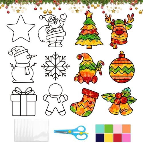 ZSOPN 12pcs Fensterbilder Weihnachten Bastelsets Fensterbilder Schneemann Weihnachtsmann Schneeflocken,Weihnachtsfensterbilder Weihnachtsbasteln mit Kindern,Window Color Set Kinder Weihnachten