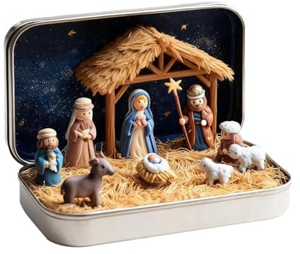 xowwyue Mini Weihnachtskrippe Set In Einer Blechbox, 9,5x6x2,3cm Handgefertigte KrippenFiguren Aus Harz, Heilige Krippenszene Set Tischdekoration Für Bücherregal, Kaminsims, Nachttisch