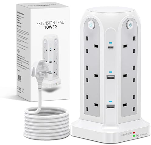 Wolf Power Tower Extension Lead with USB Slots, 18-IN-1 Surge Protected Lead with 2M Extension Cable, 12 UK Plug Sockets, 2 USB-C & 4 USB-A Ports, 4 Switches, Ideal for Home, Office & Workshop