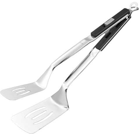 M METERXITY Spatula Tongs 13.4in, Black Handle, Silver Tone | 304 Stainless Steel, Anti-Scald Extended, Multifunctional Flipper Grill Clamp, for Cooking, Barbecue