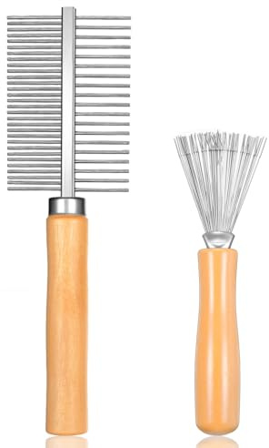 Nogeqi 2 Pack Hair Brush Cleaner Tool, Hairbrush Cleaning Tool, Mini Comb Cleaner Rake with Wooden Handle for Removing Hair Dust at Home and Salon