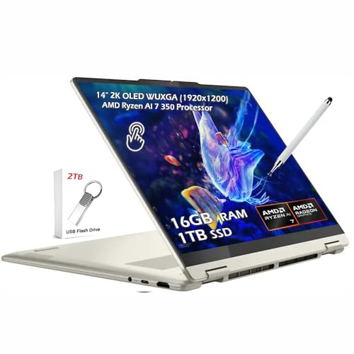 Lenovo Yoga 7 2-in-1 Copilot+AI PC portatile, 14 pollici 2K OLED Touch (100% DCI-P3), processore AMD Ryzen AI 7 350, SSD 16 GB LPDDR5 1 TB, Wi-Fi7 retroilluminato KB Win11, conchiglia, con unità USB