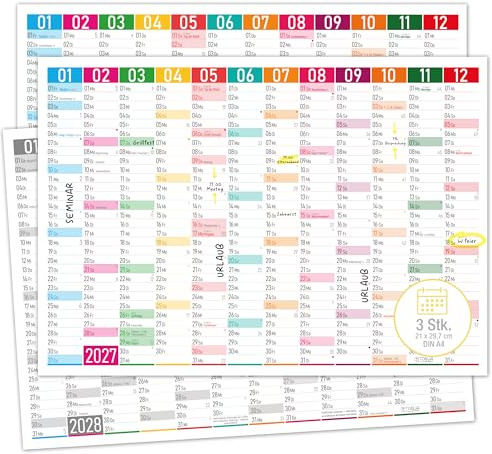 TOBJA® DIN A4 Tafelkalender 2027 Color Blocks - 1 Jahr auf 1 Seite, Modern Design mit Ferien, Feiertagen & Kalenderwochen, 350g/m² Papier | Wandkalender Jahresplaner 3er Set