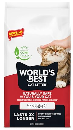 WORLD'S BEST CAT LITTER Multiple Cat Unscented, 15-Pounds - Natural Ingredients, Quick Clumping, Flushable, 99% Dust Free - Long-Lasting Odor Control & Easy Scooping