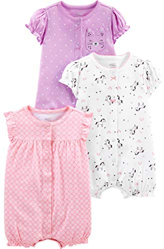 Simple Joys by Carter's Peto con Cierres a Presión Bebé Niña, Pack de 3, Blanco Unicornio/Lila Lunares/Rosa Claro, 6-9 meses