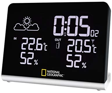 National Geographic, stazione meteorologica multi colour con display LCD true black da 256 colori, temperatura interna/esterna e umidità dell'aria e grafica 12 ore trend meteorologico, colore: nero