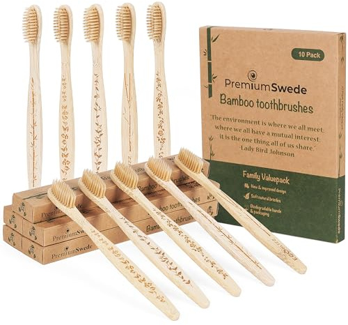 PremiumSwede Bamboo Toothbrushes Multipack - Eco-Friendly Soft for Adults, Kids - Natural Wooden - 10 Pack Family Travel Set